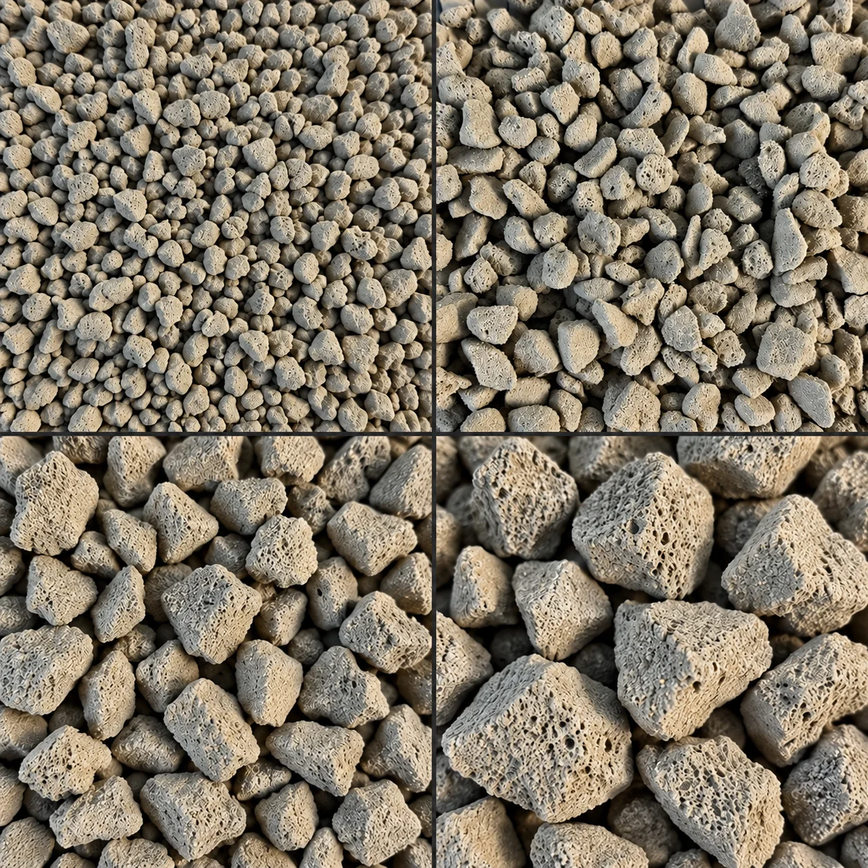 Four close-up views of foam glass aggregate textures and particle sizes