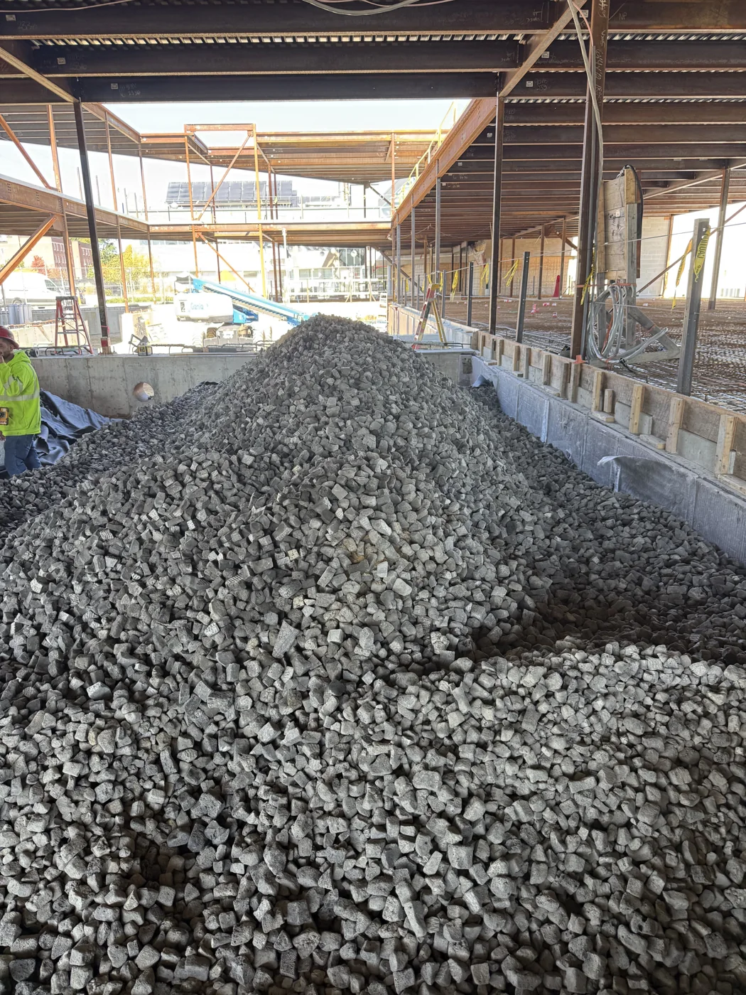 Foam glass aggregate placed beneath a building under construction